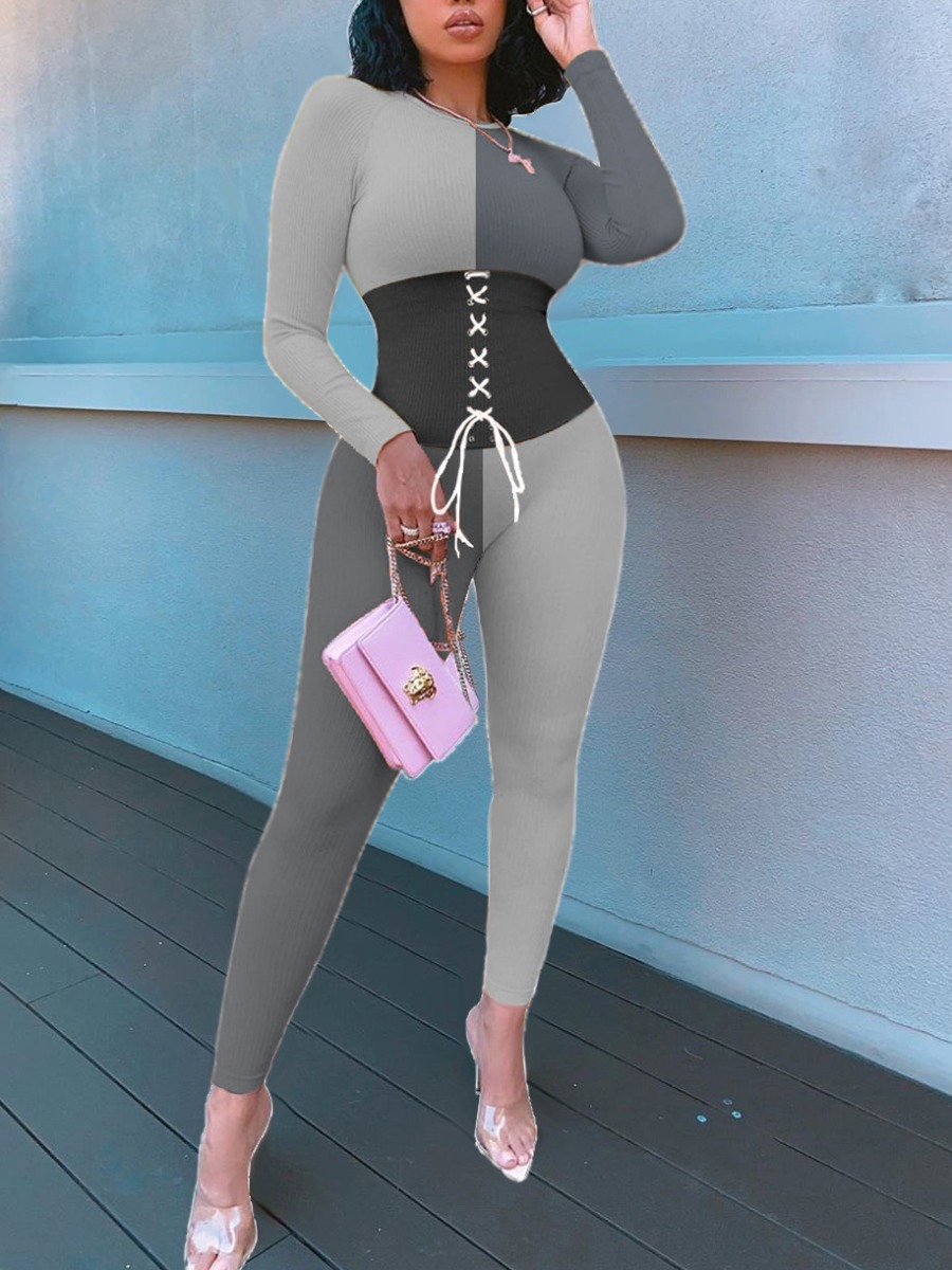 

Lovely Sportswear O Neck Patchwork Bandage Design Grey One-piece Jumpsuit