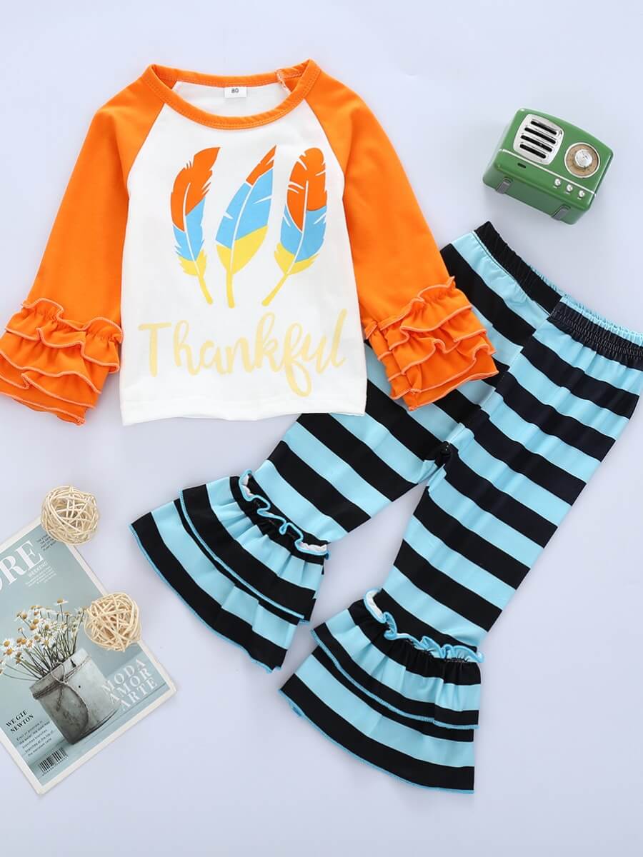 

Lovely Casual O Neck Print Patchwork Orange Girl Two-piece Pants Set