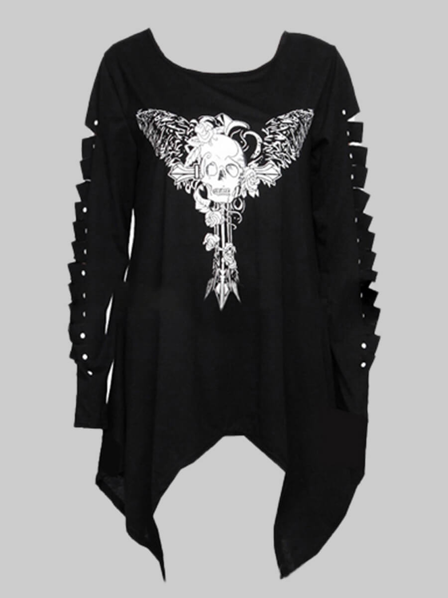 

Lovely Street O Neck Print Hollow-out Black Plus Size T-shirt