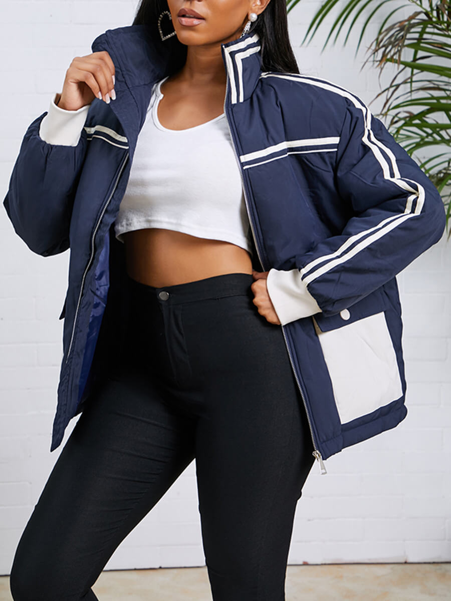 

Lovely Stylish Patchwork Zipper Design Navy Blue Parka