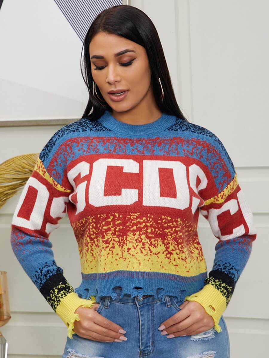 

Lovely Stylish O Neck Letter Print Blue Sweater