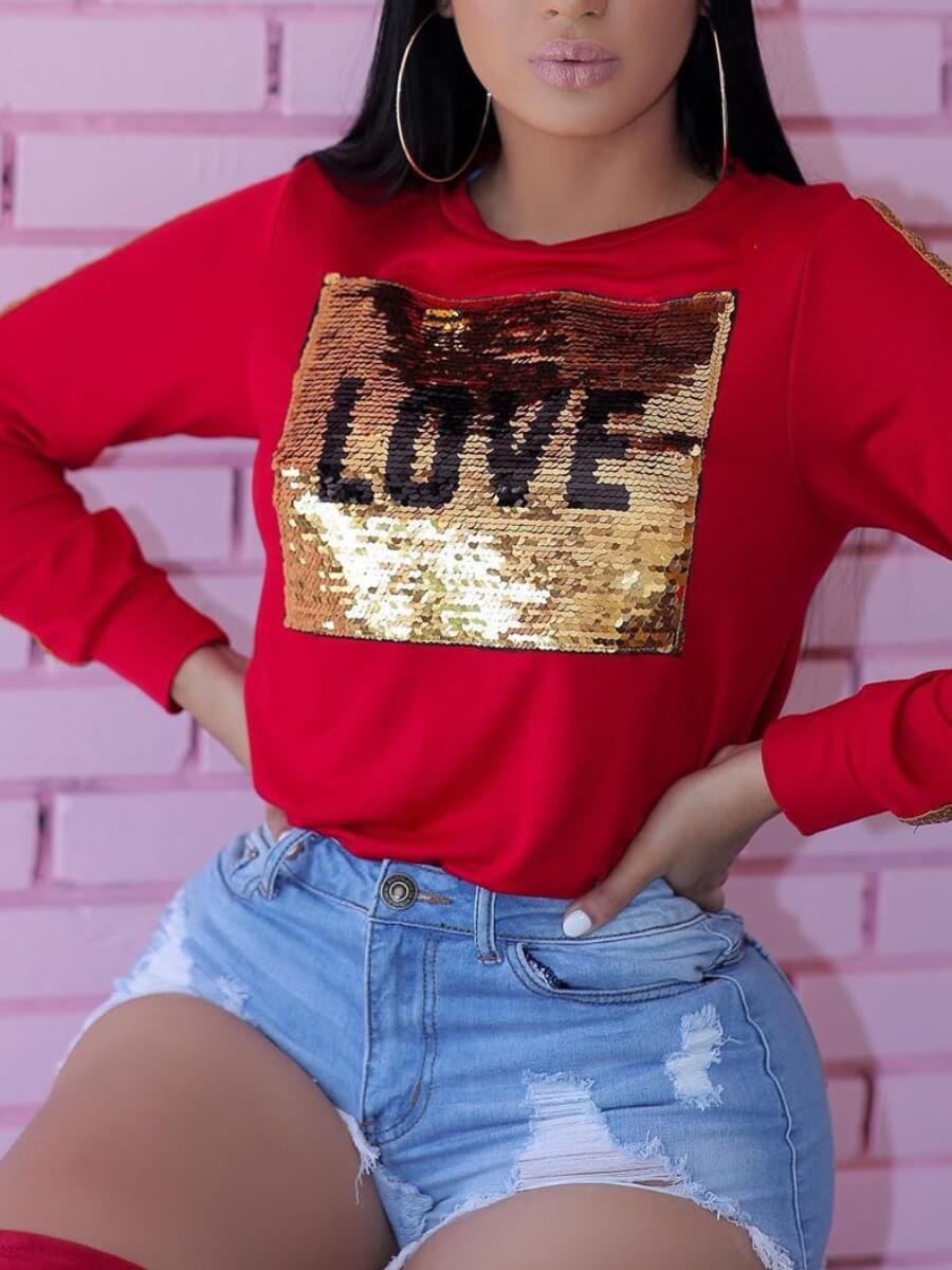 

Lovely Trendy O Neck Letter Sequined Red T-shirt