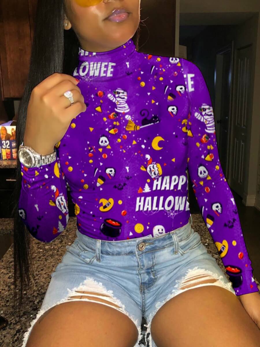 

LW Halloween Skull Letter Print T-shirt, Purple