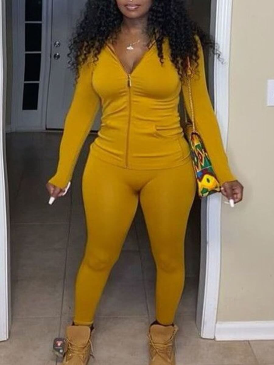 

Lovely Casual Turndown Collar Zipper Design Yellow Two Piece Pants Set