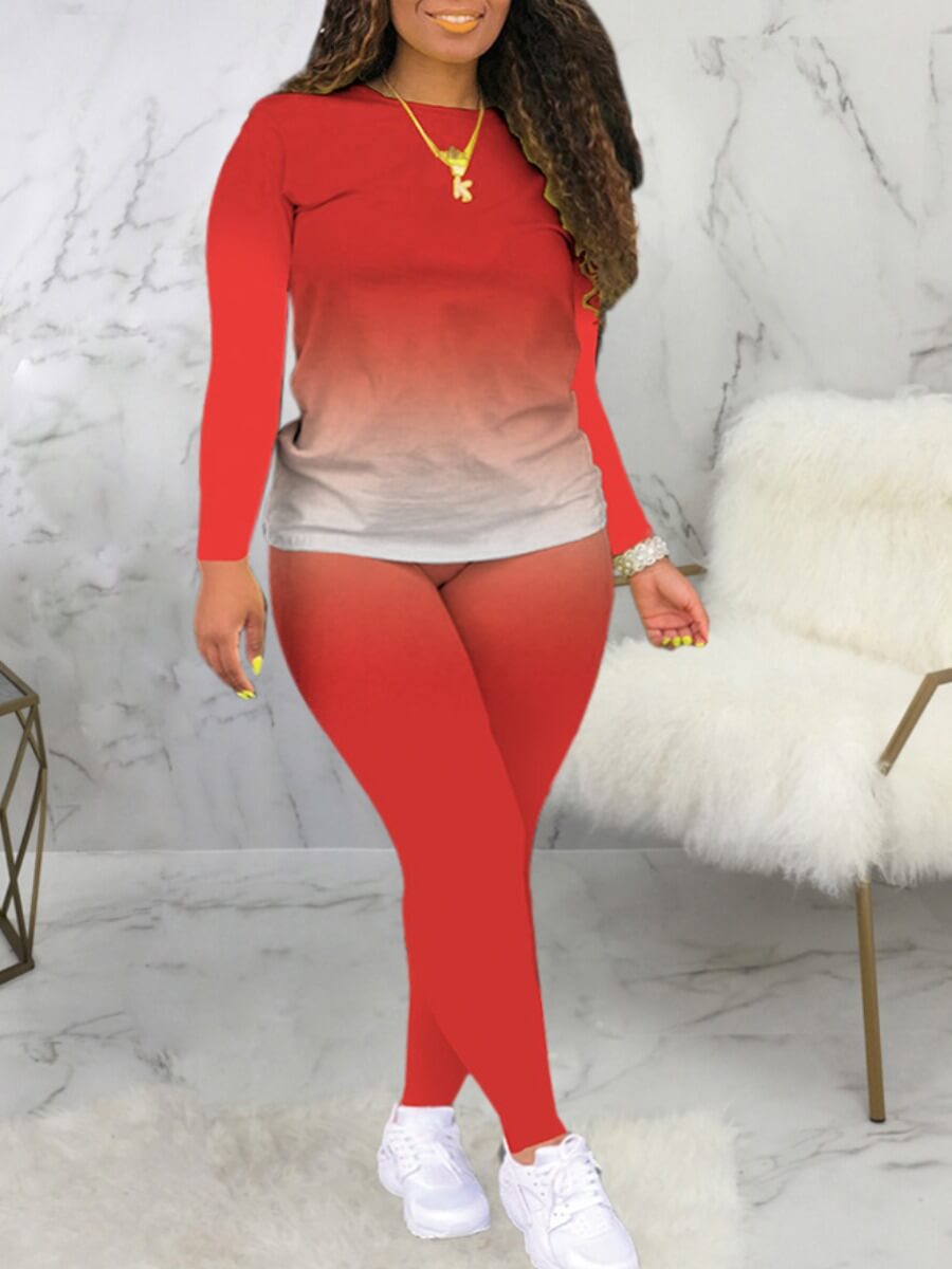 

LW Casual O Neck Gradient Red Two Piece Pants Set