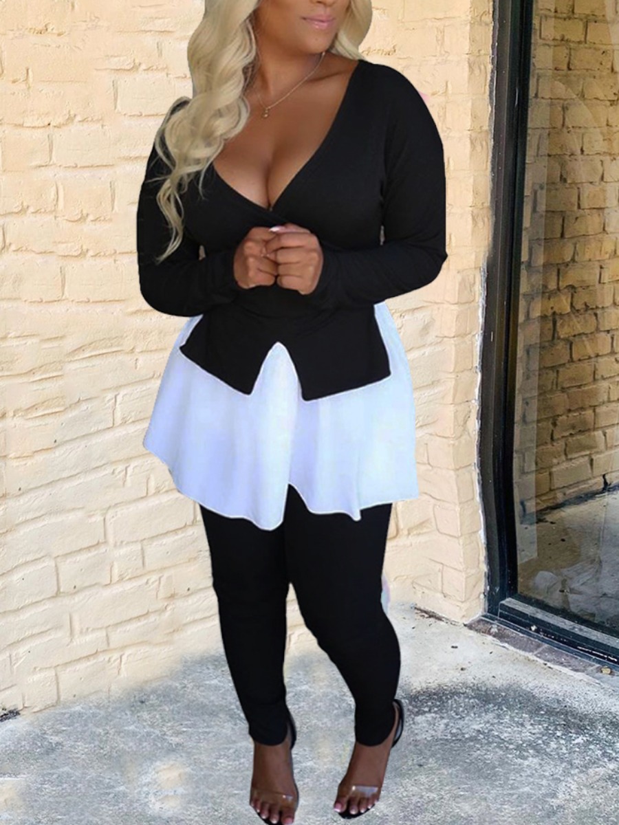 

Lovely Leisure V Neck Patchwork Black Two Piece Pants Set
