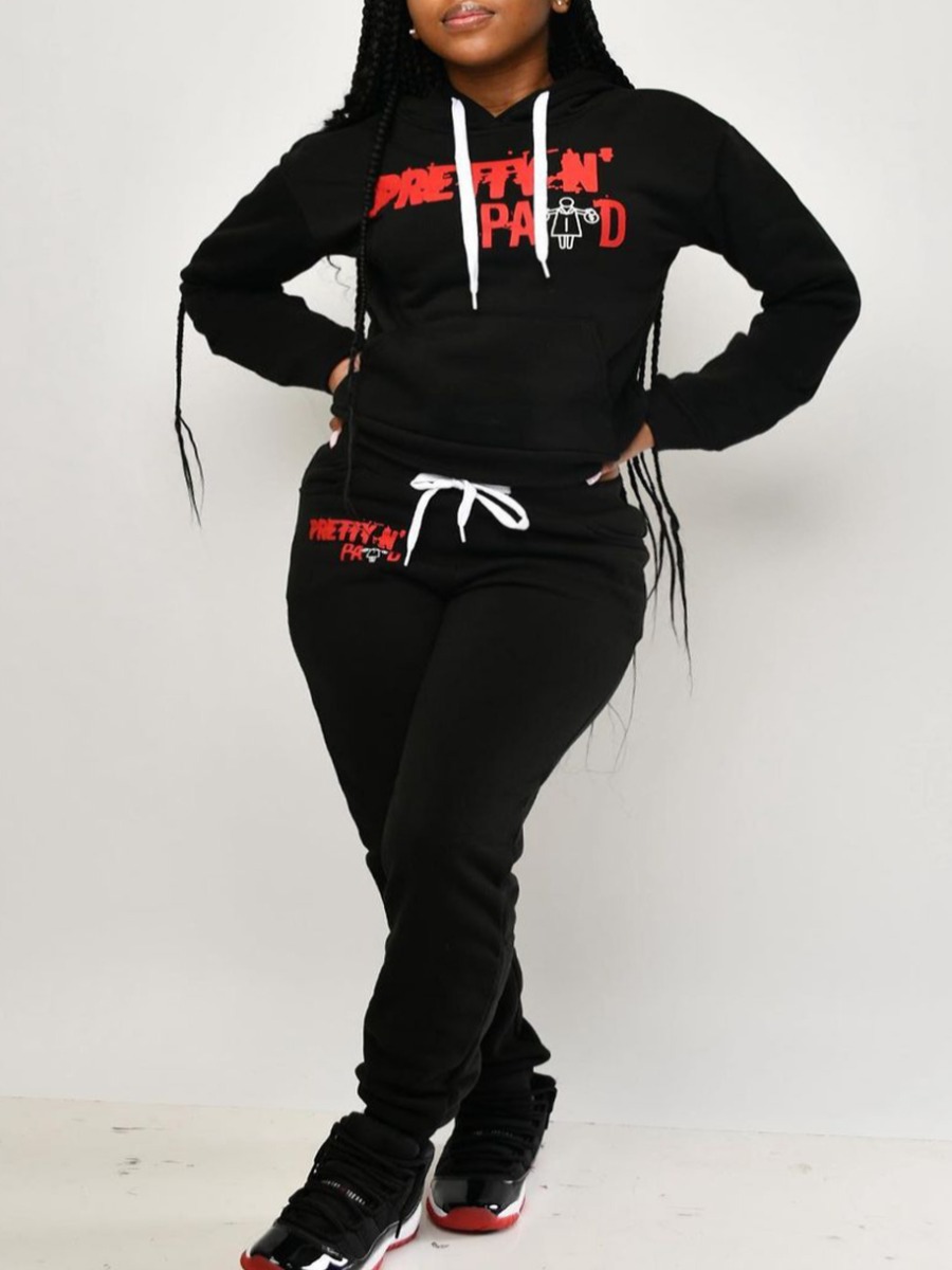 

lovely Leisure Hooded Collar Letter Print Black Two Piece Pants Set