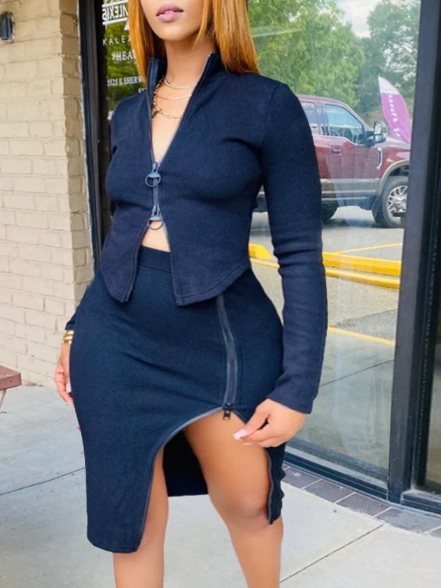 

Lovely Casual Zipper Design Black Plus Size Two-piece Skirt Set
