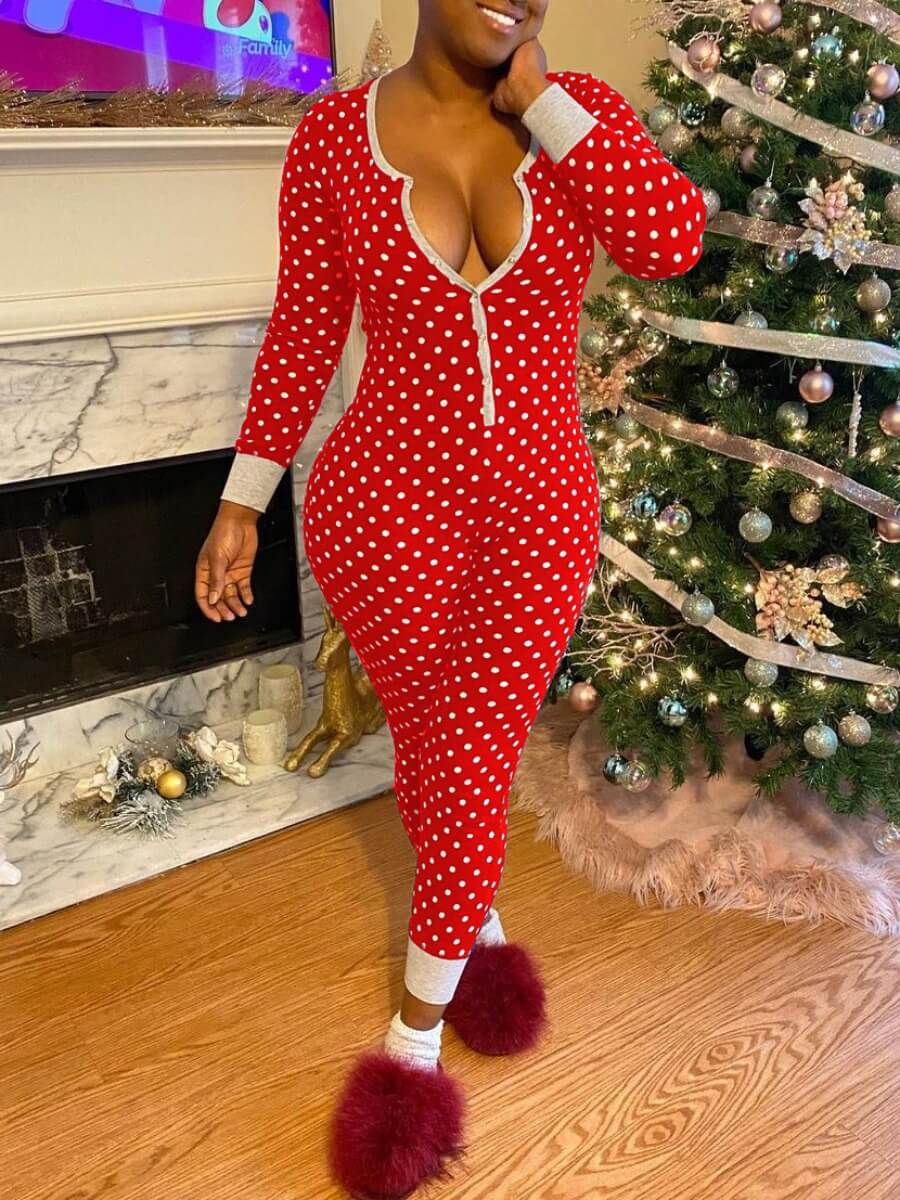 

Lovely Stylish Dot Print Zipper Design Red One-piece Jumpsuit