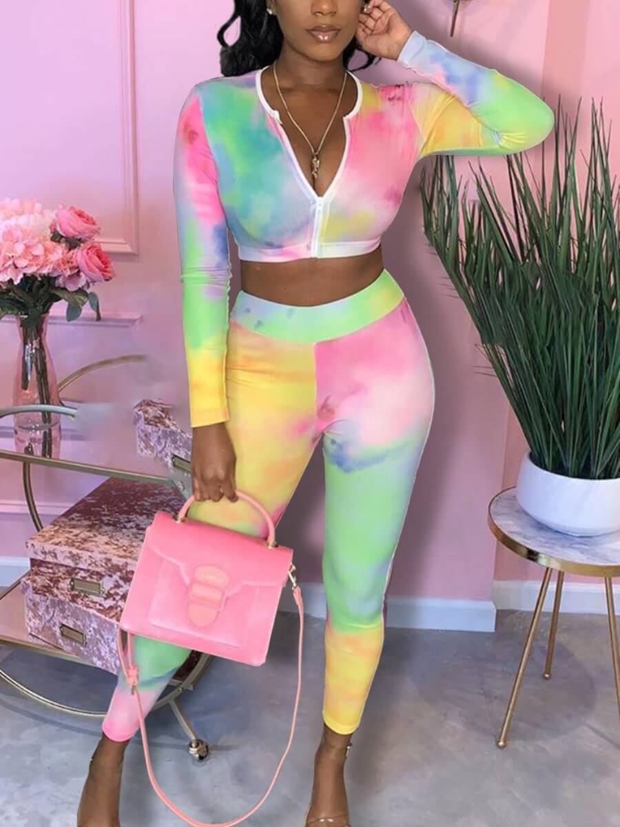 

Lovely Stylish Zipper Design Tie Dye Multicolor Two Piece Pants Set(Batch Print, Multi
