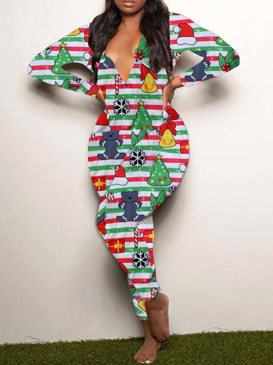 

Lovely Stylish V Neck Print Skinny Red One-piece Jumpsuit