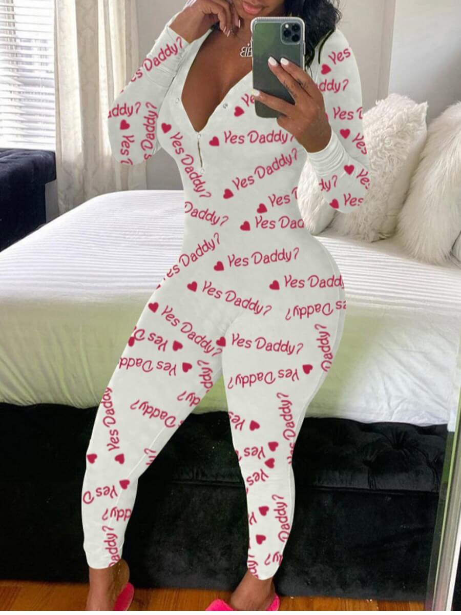 

Lovely Sportswear V Neck Letter Print Skinny White One-piece Jumpsuit