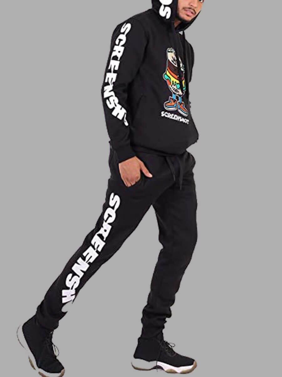 

Lovely Leisure Hooded Collar Letter Print Black Men Two-piece Pants Set