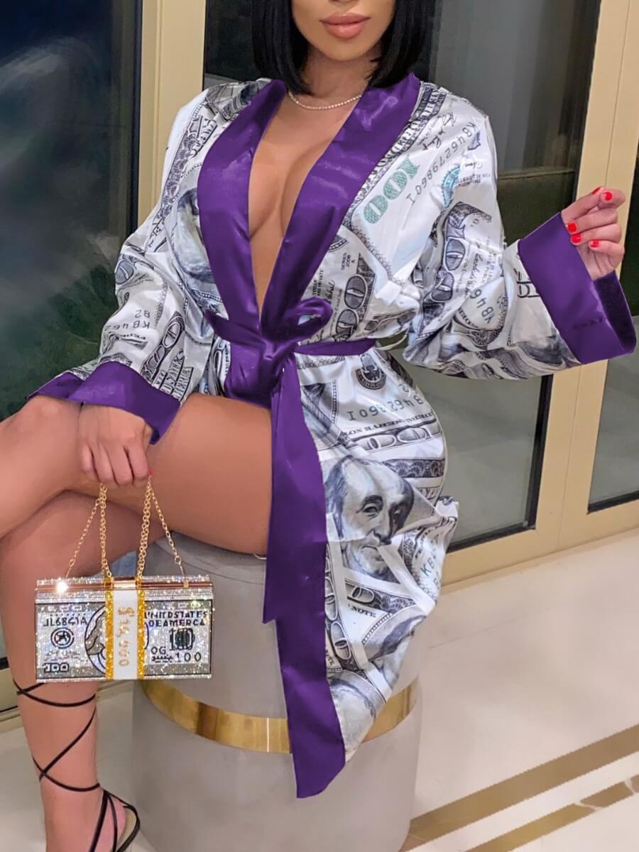 

Lovely Casual Print Loose Purple Coat
