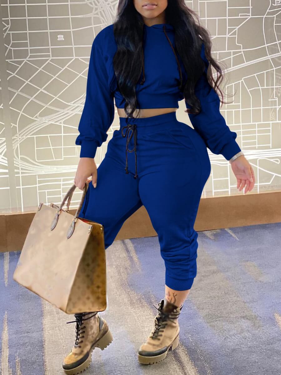 

Lovely Leisure Hooded Collar Lace-up Blue Two Piece Pants Set