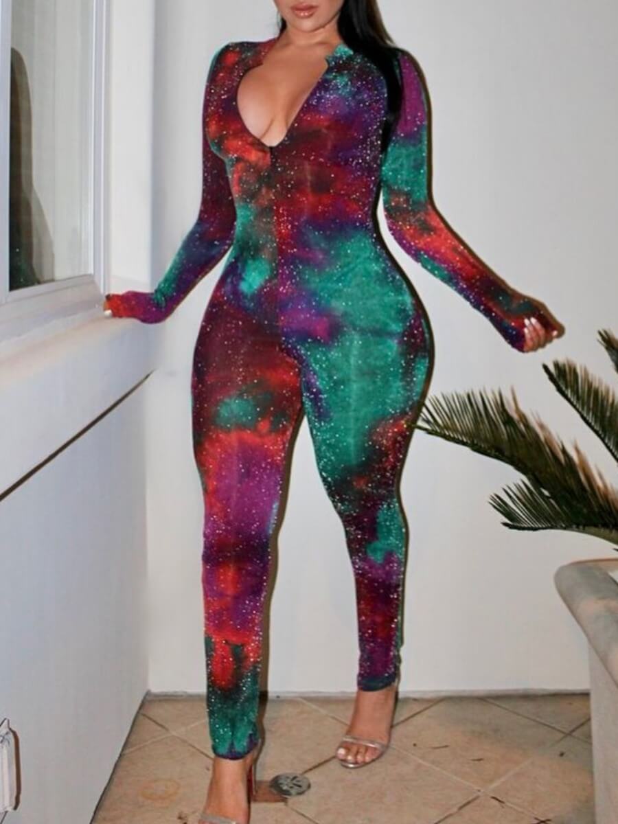 

LW V Neck Tie-dye Jumpsuit, Red