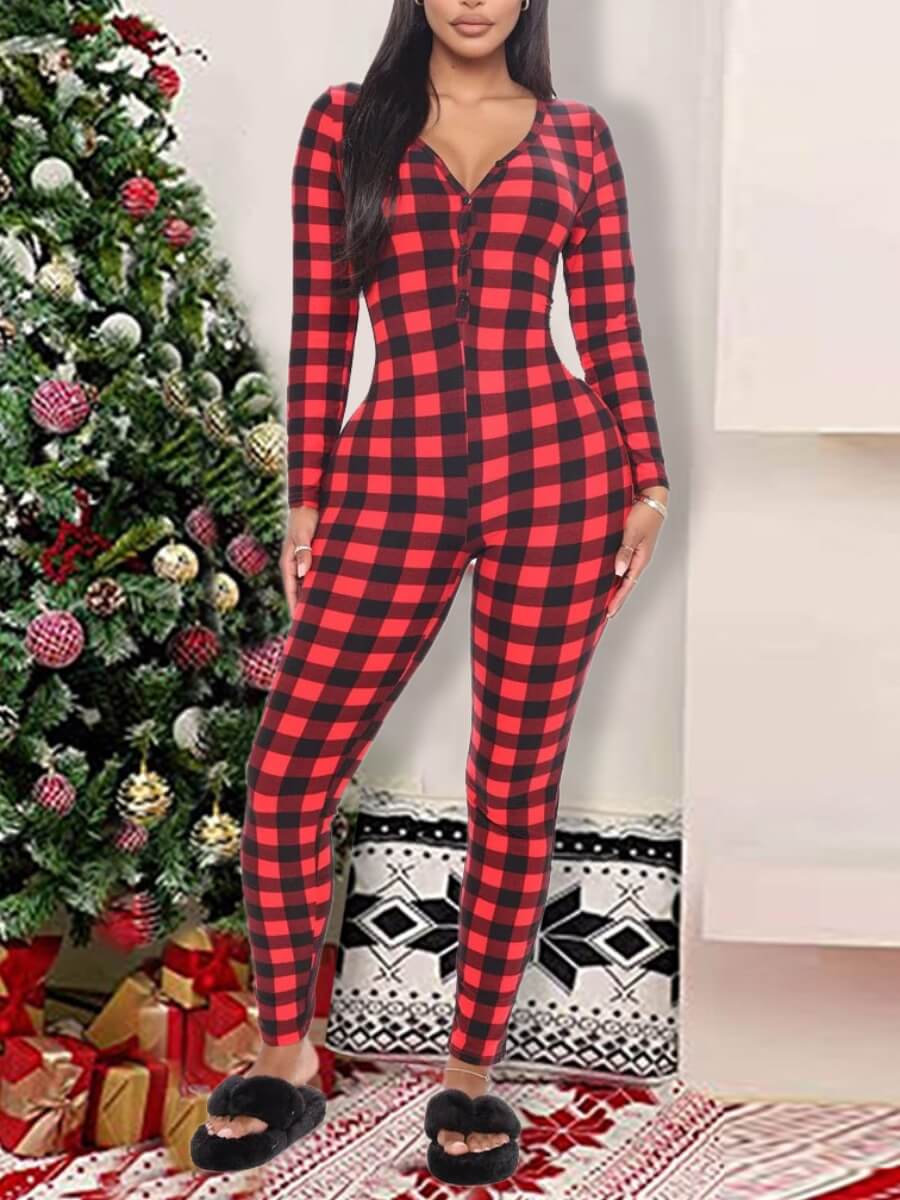 

Lovely Trendy V Neck Grid Print Skinny Red One-piece Jumpsuit