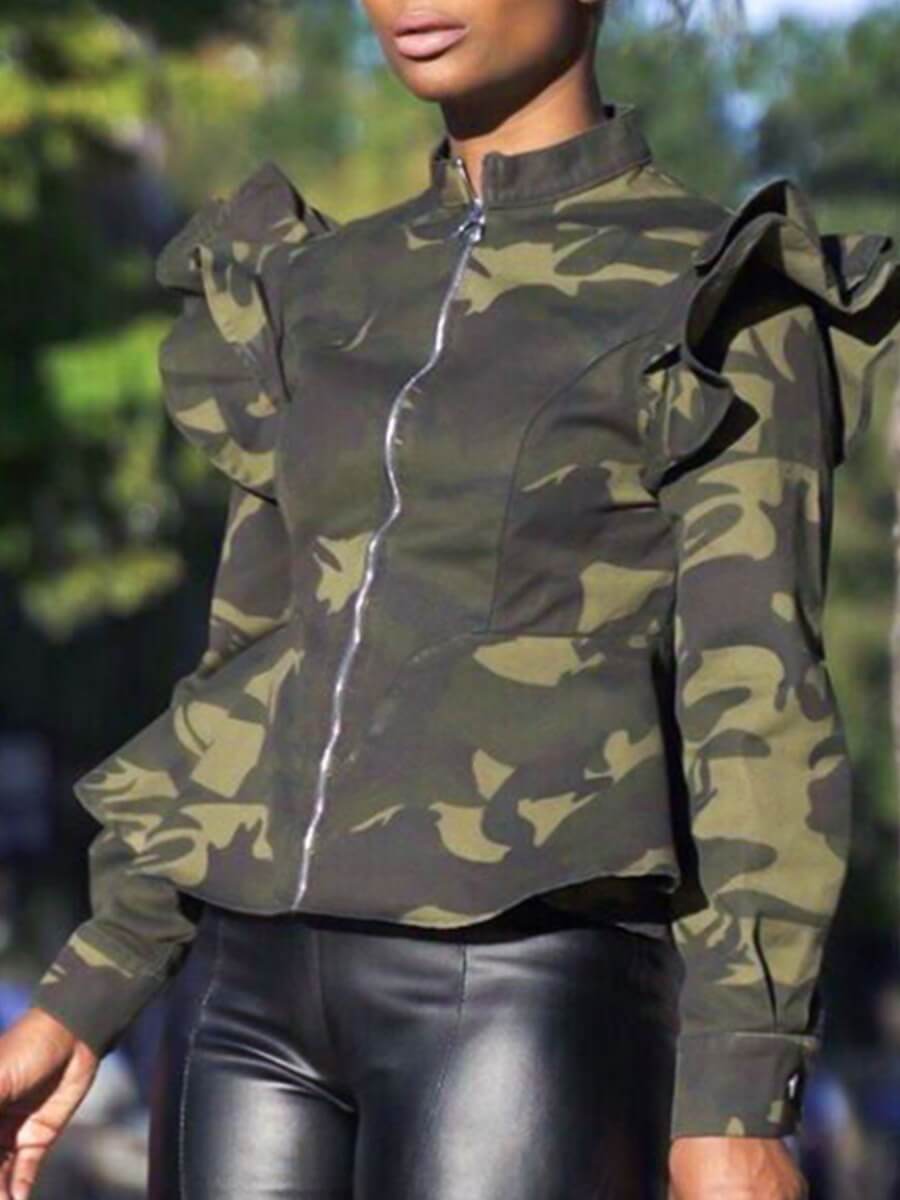 

Lovely Stylish Camo Print Flounce Design Green Coat