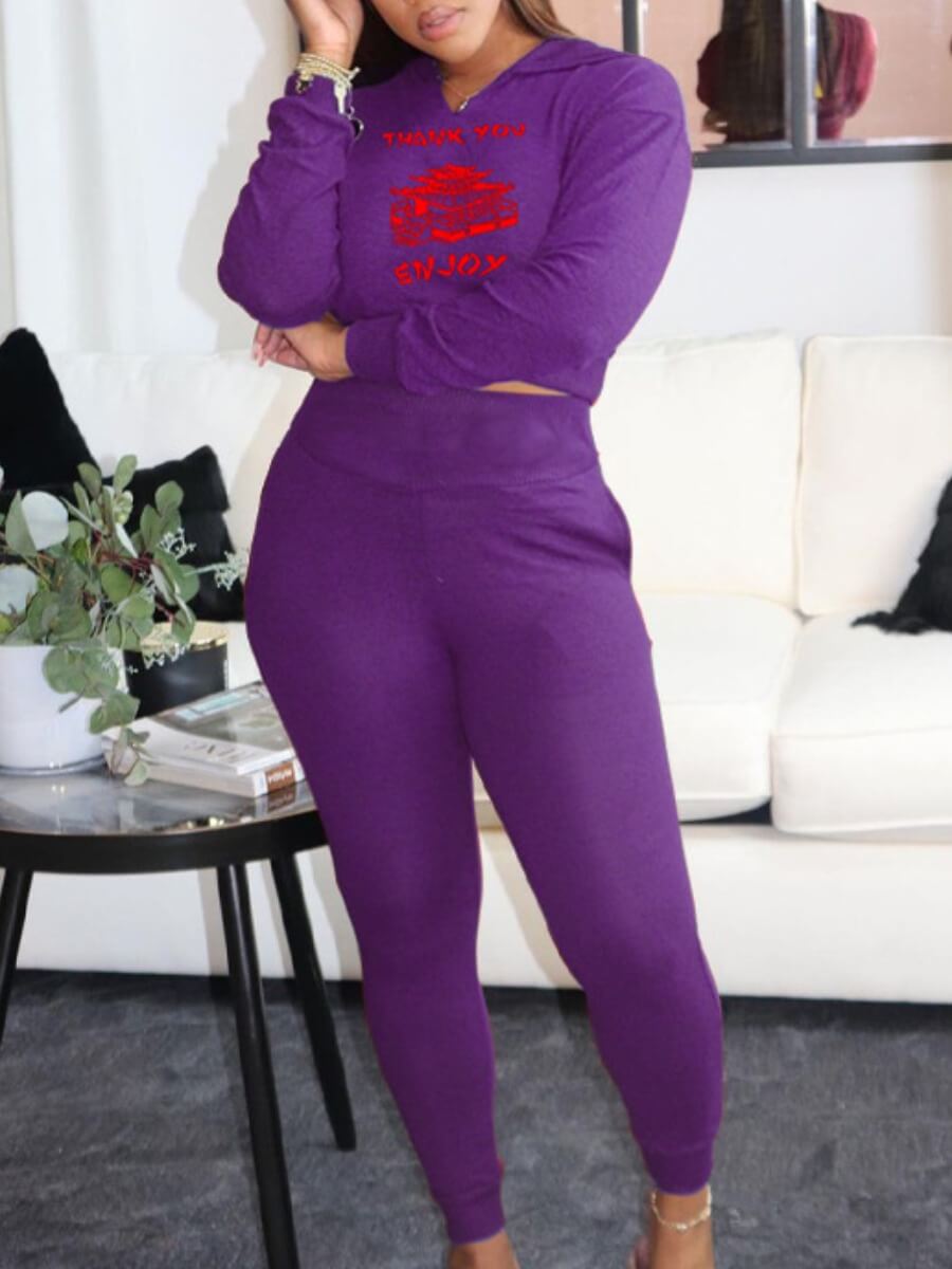 

Lovely Leisure Hooded Collar Print Purple Two Piece Pants Set