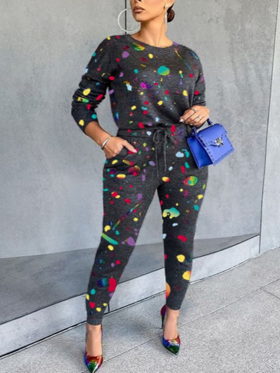 

Lovely Leisure O Neck Print Black Two Piece Pants Set, Grey