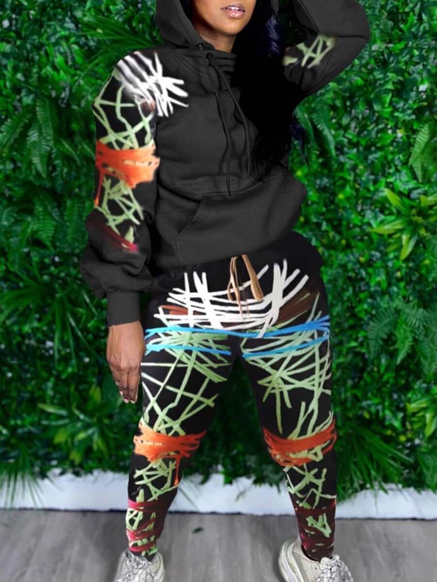

Lovely Street Hooded Collar Print Black Two Piece Pants Set(Without Bandage Design)