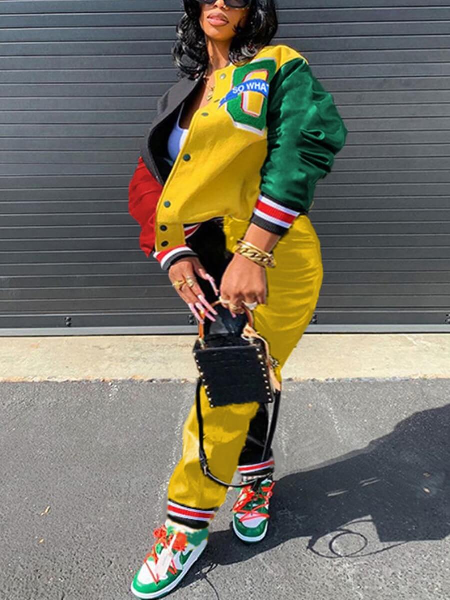 

Lovely Street Print Patchwork Yellow Plus Size Two-piece Pants Set