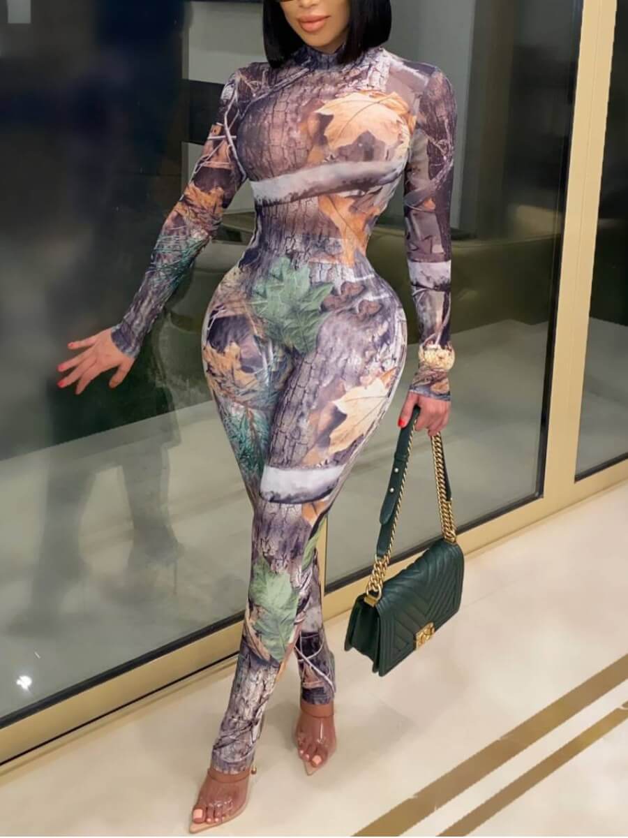 

Lovely Stylish Turtleneck Print Skinny Black One-piece Jumpsuit