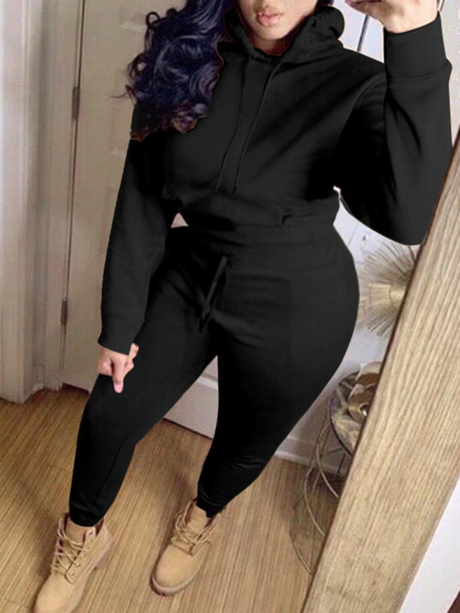 

Lovely Casual Hooded Collar Basic Black Plus Size Two-piece Pants Set