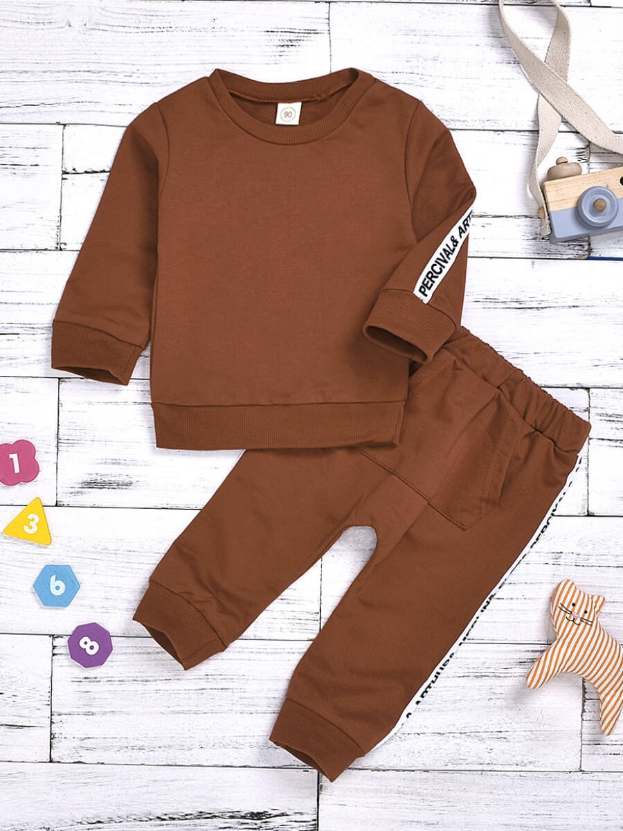 

Lovely Sportswear O Neck Letter Print Patchwork Brown Boy Two-piece Pants Set