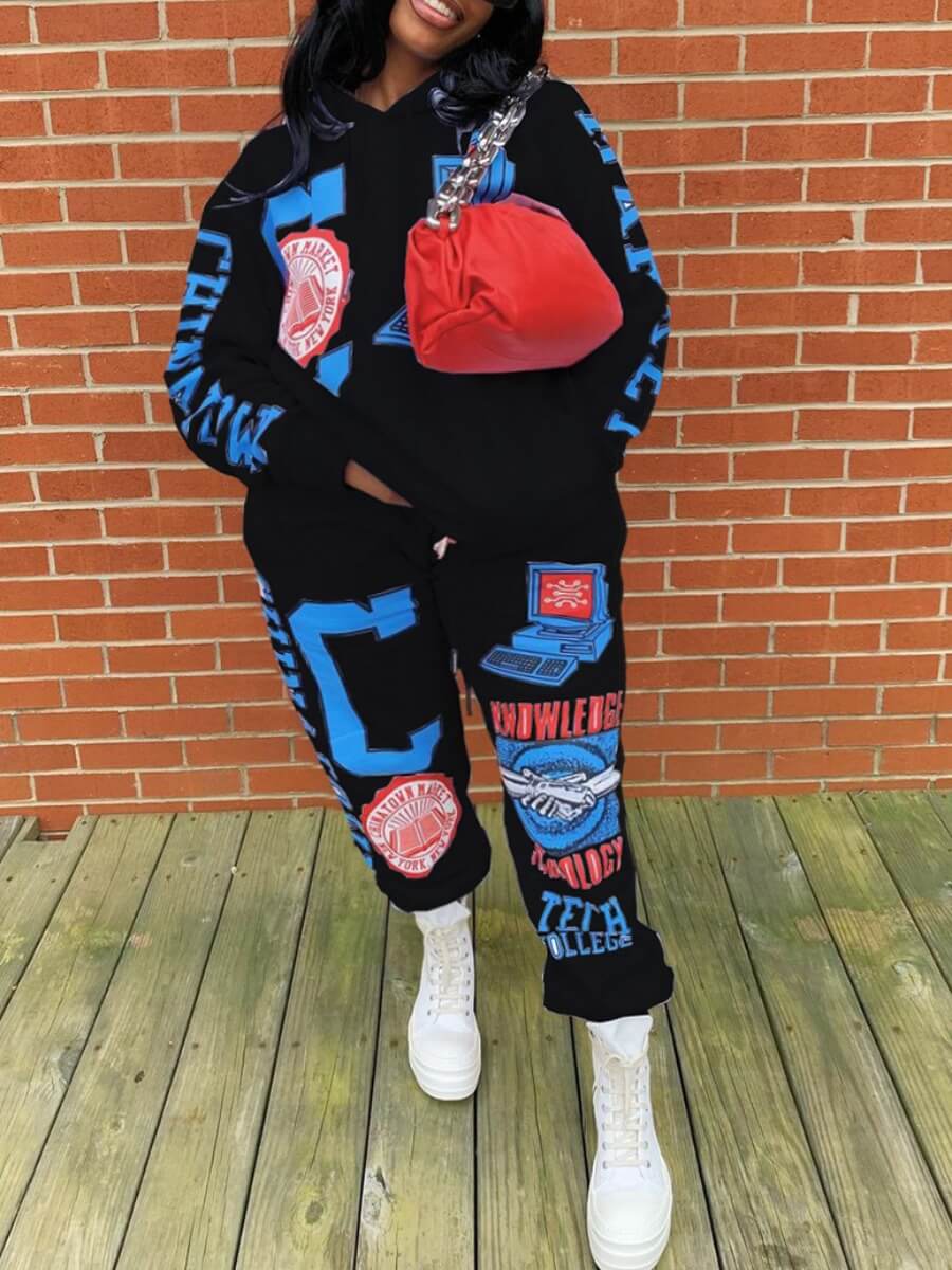 

Lovely Leisure Hooded Collar Print Black Plus Size Twopiece Pants Set