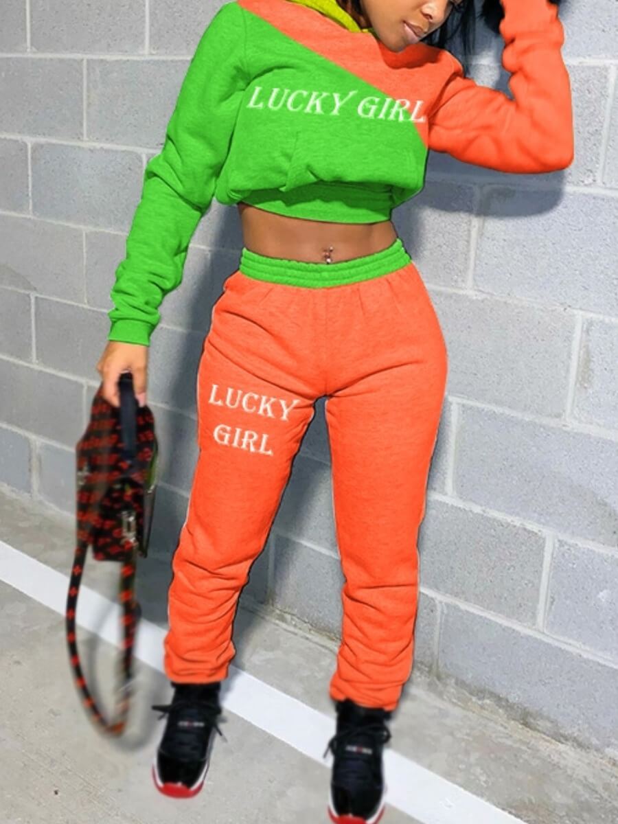 

Lovely Street Hooded Collar Letter Embroidered Patchwork Orange Two Piece Pants Set