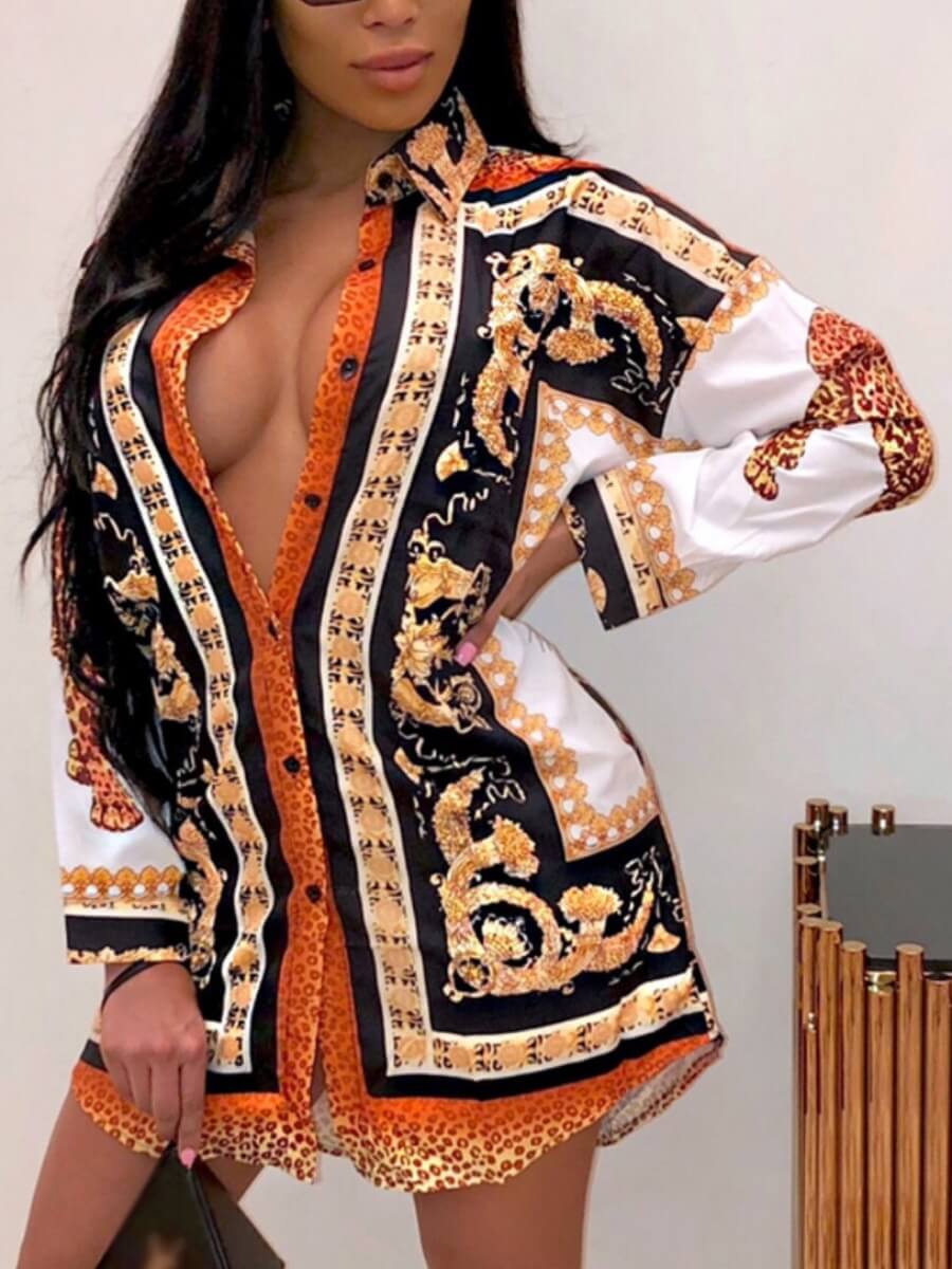 

LW BASICS Trendy Turndown Collar Leopard Print Orange Mini Shirt Dress