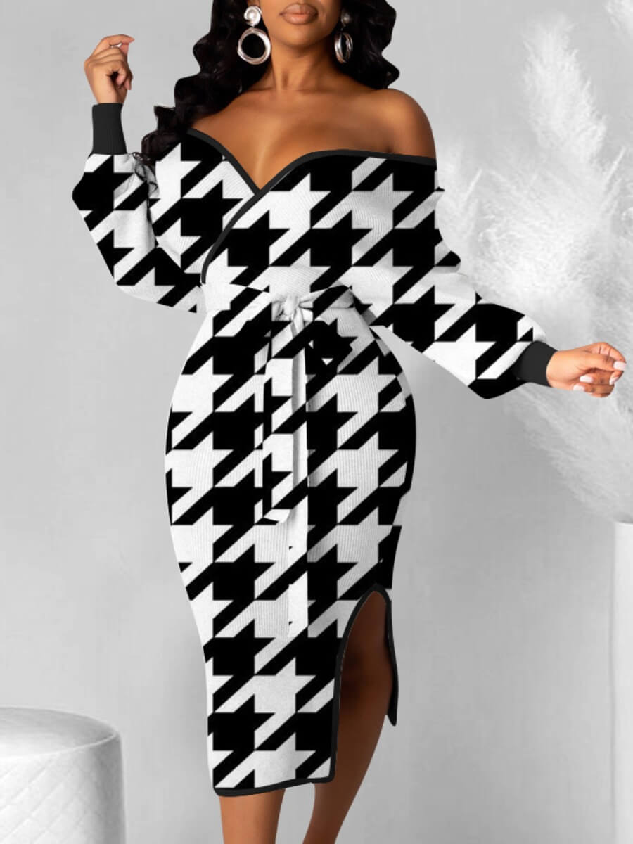 

Lovely Trendy Dew Shoulder Print Black Knee Length Dress