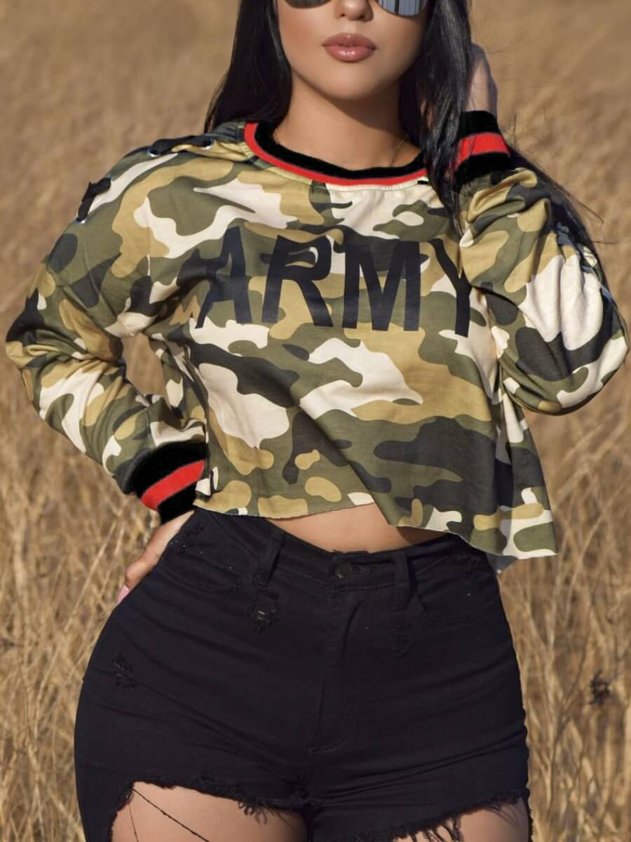 

Lovely Street O Neck Camo Print Green Hoodie