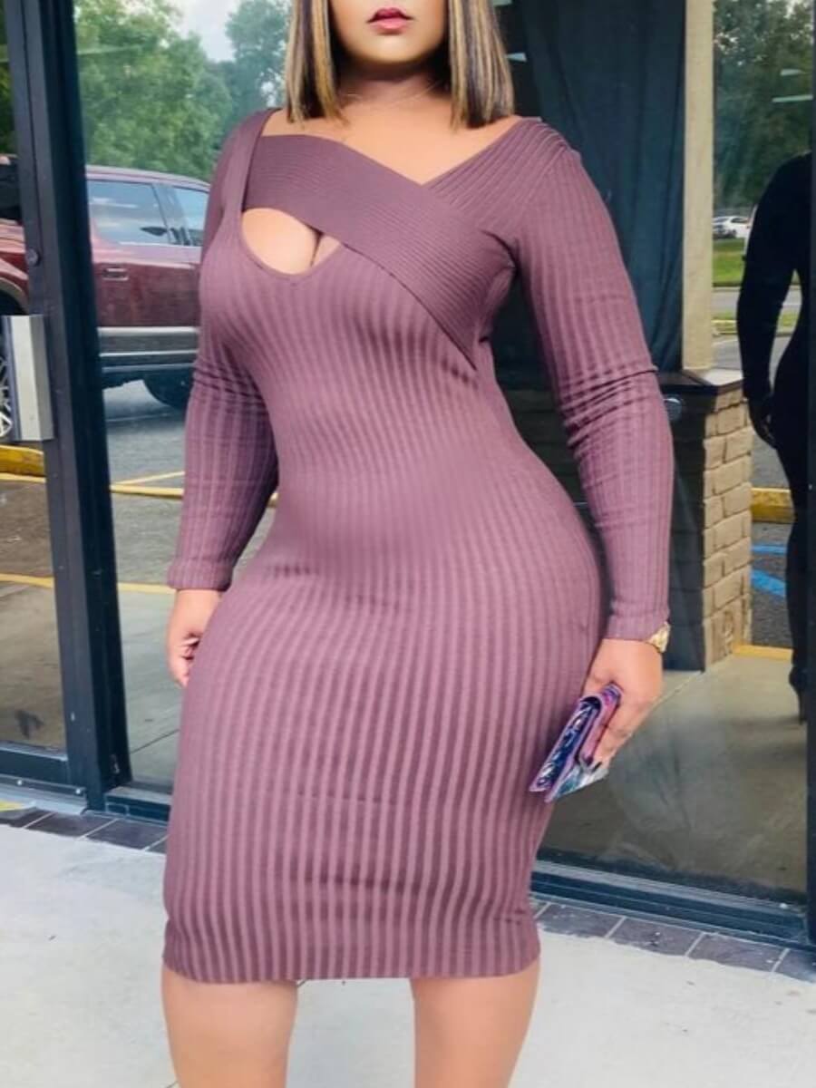 

Lovely Trendy Striped Hollow-out Light Purple Knee Length Plus Size Dress