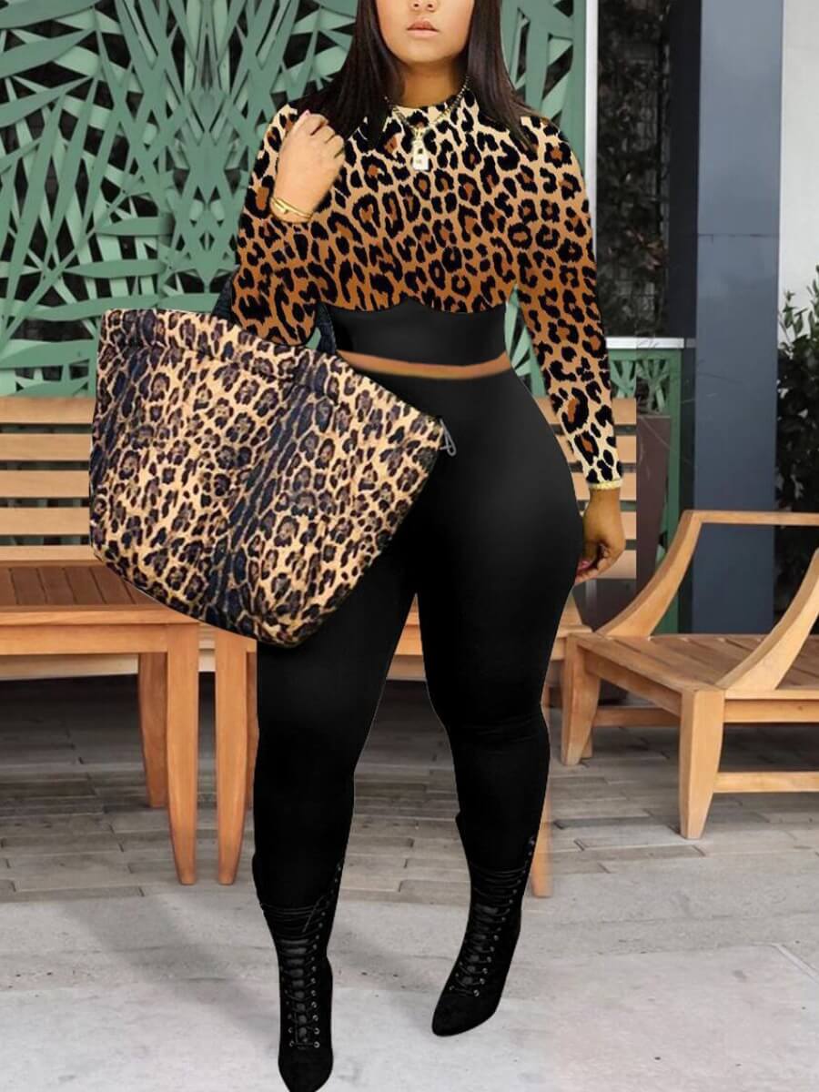 

LW Trendy O Neck Leopard Print Skinny Two Piece Pants Set