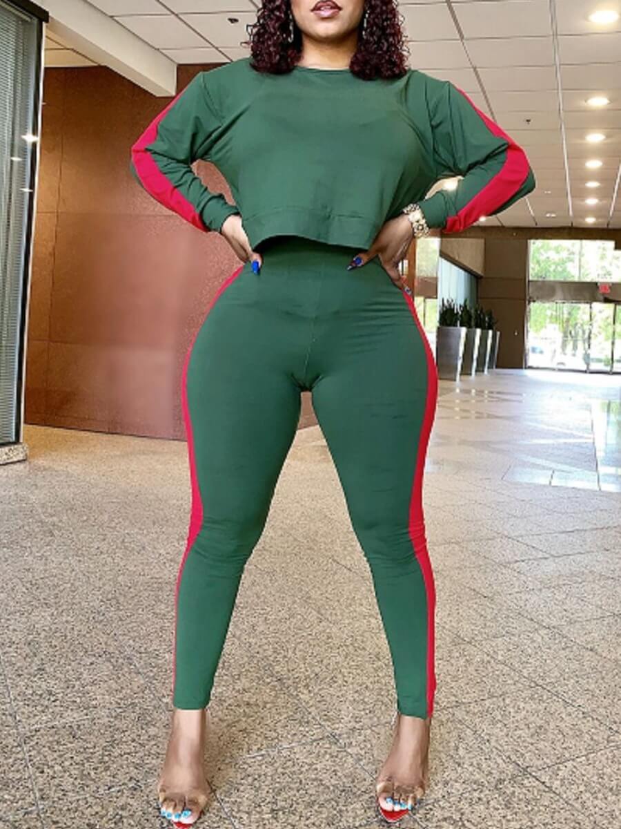 

Lovely Sportswear O Neck Patchwork Green Two Piece Pants Set