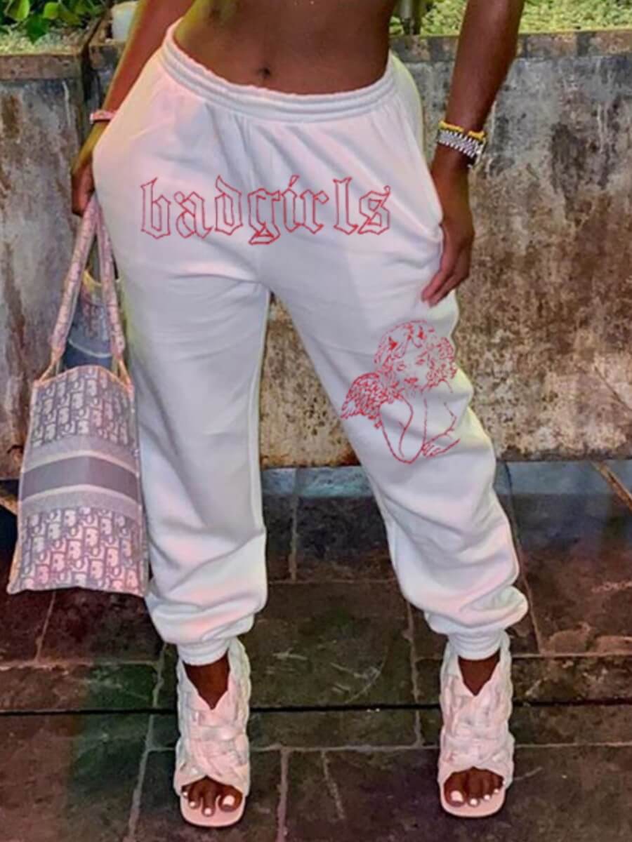 

Lovely Leisure Letter Print White Pants