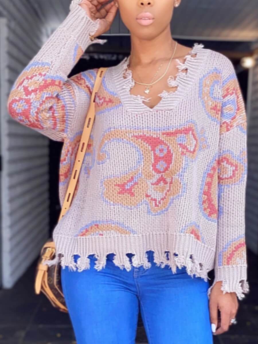 

Lovely Trendy V Neck Print Apricot Sweater