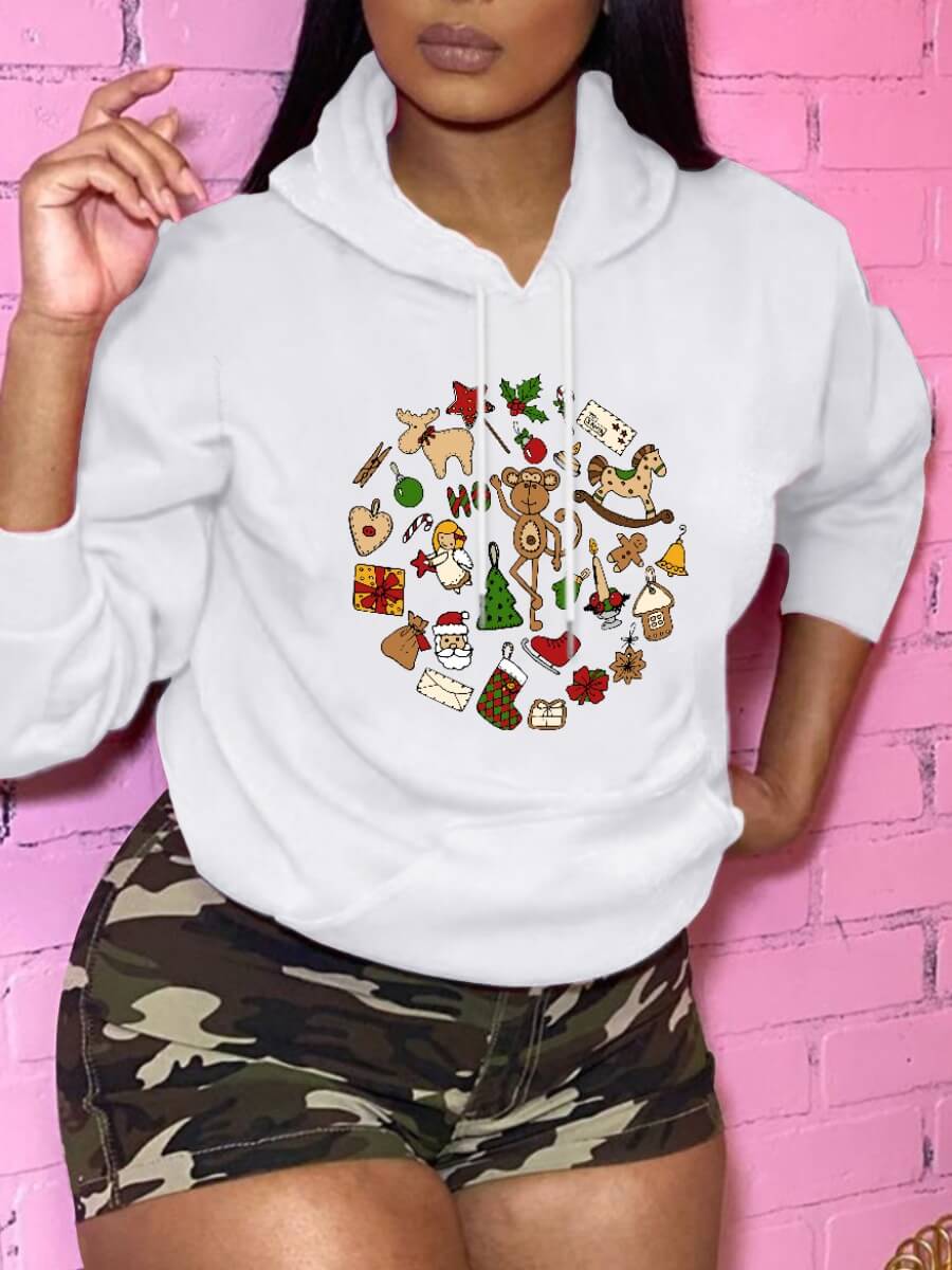 

Lovely Casual Hooded Collar Cartoon Print White Hoodie
