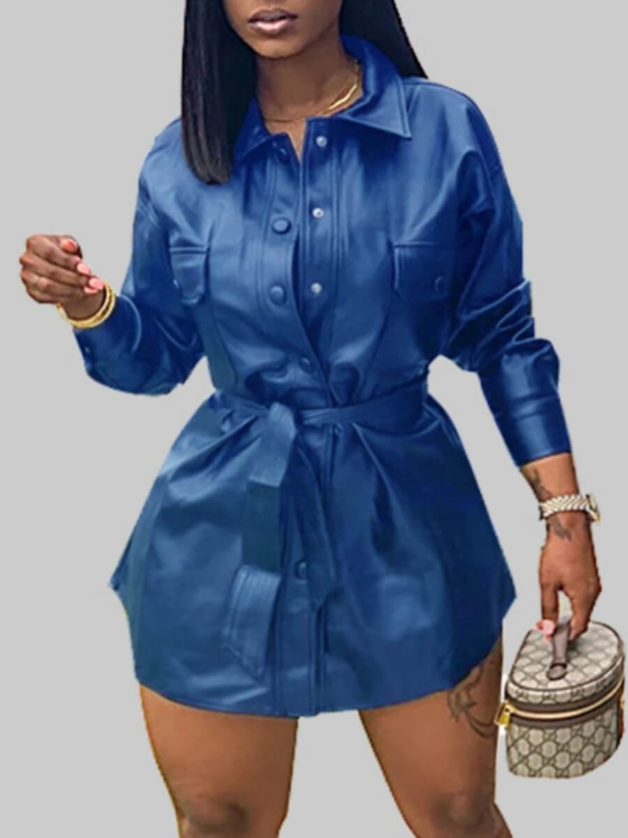 

Lovely Stylish Turndown Collar Pocket Patched Blue Mini Plus Size Dress
