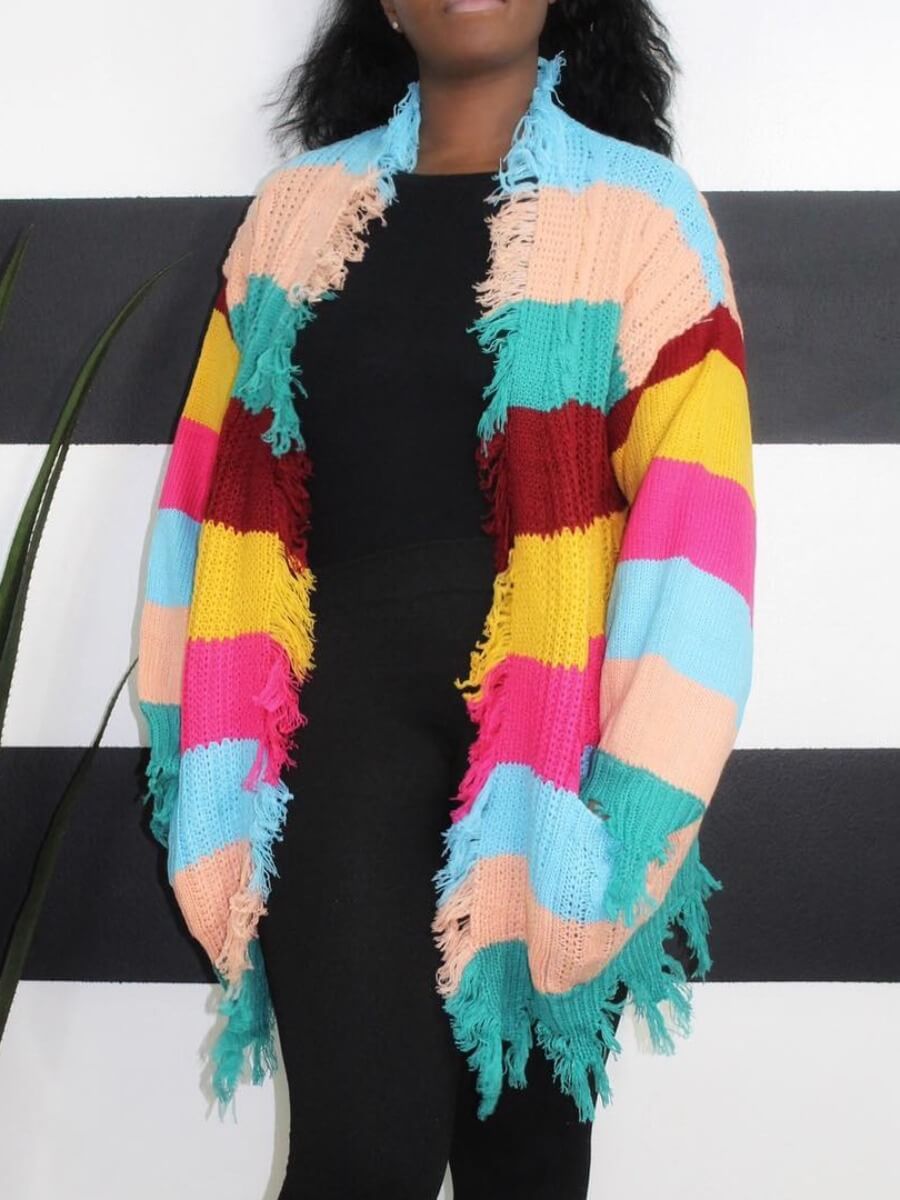 

Lovely Casual Rainbow Striped Multicolor Cardigan, Multi