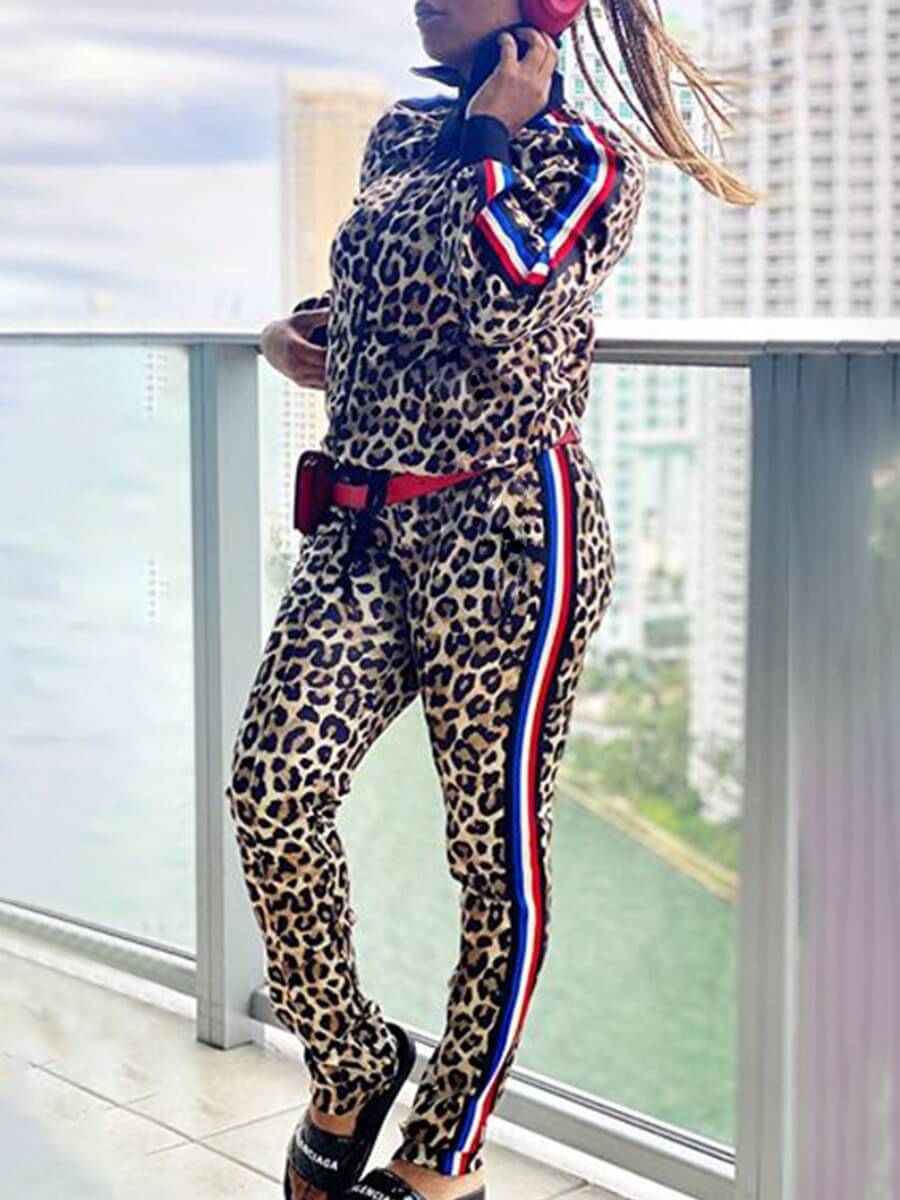 

Lovely Casual Mandarin Collar Leopard Print Patchwork Two Piece Pants Set