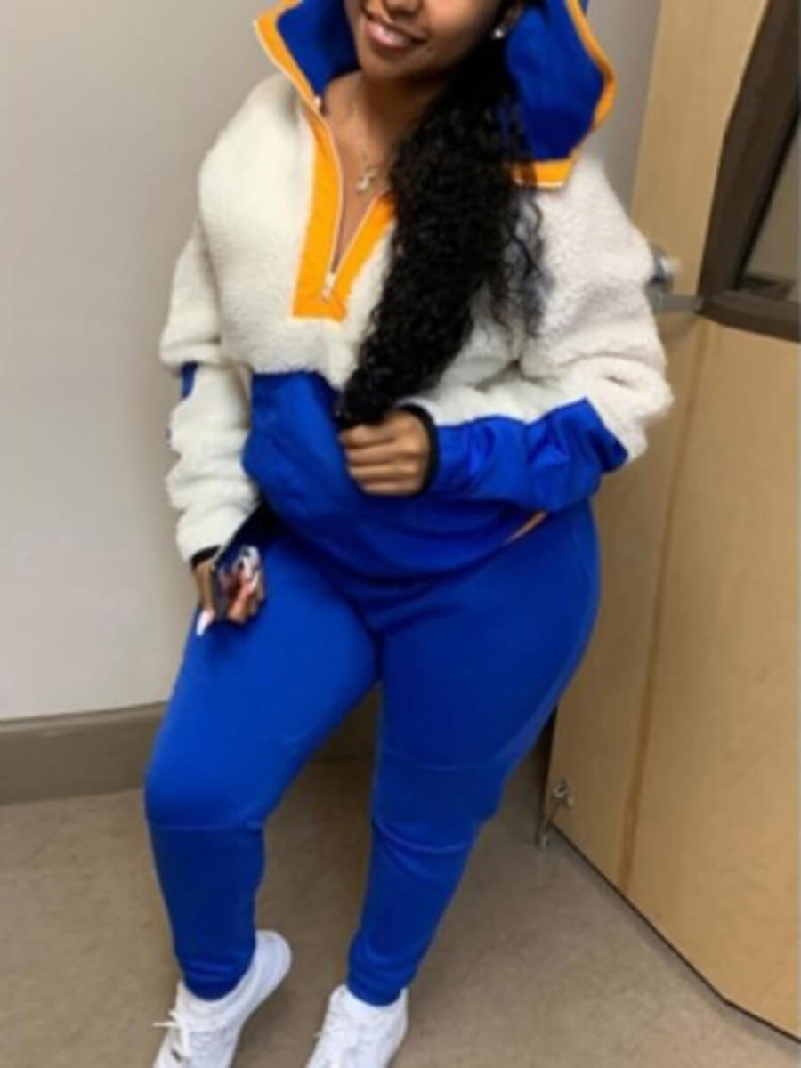 

Lovely Sportswear Turndown Collar Patchwork Blue Plus Size Two-piece Pants Set