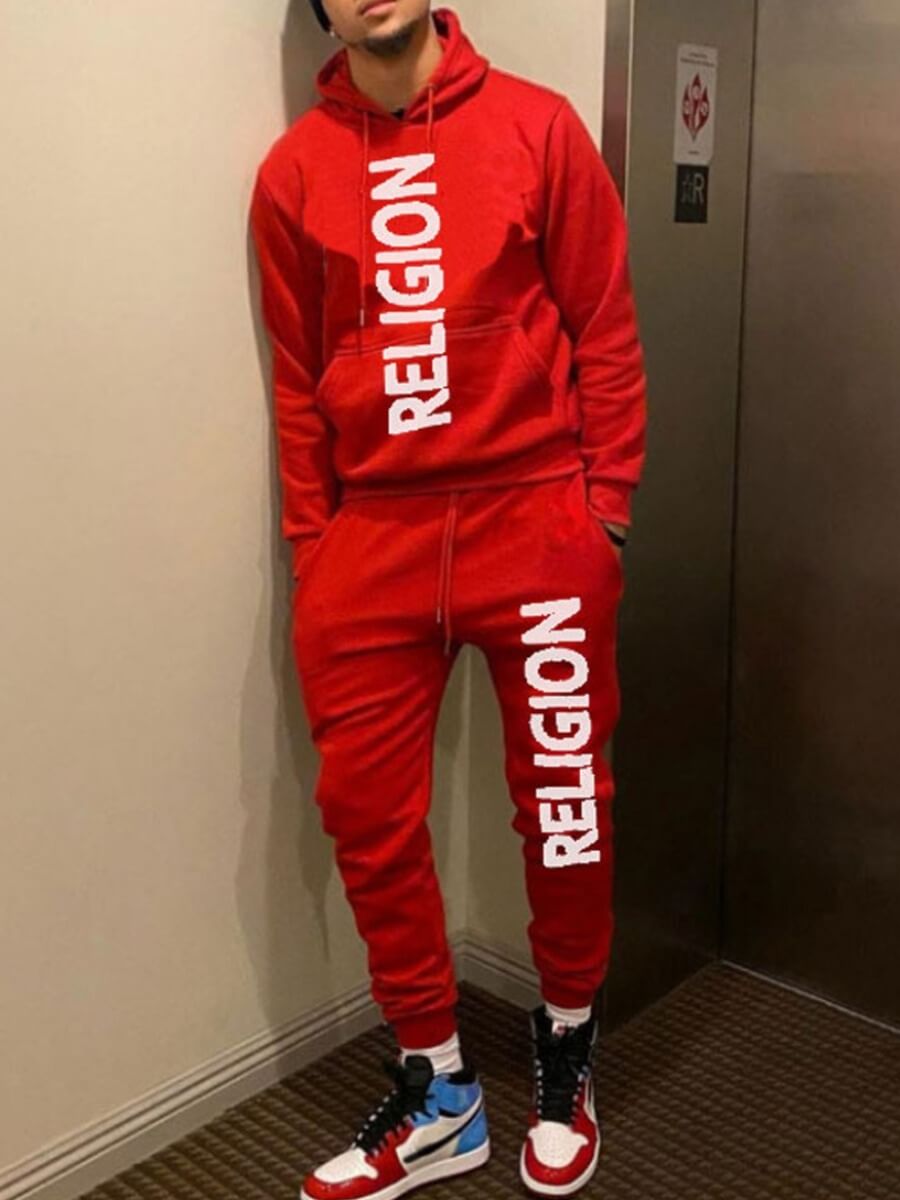 

LW Men Leisure Hooded Collar Letter Print Red Two-piece Pants Set