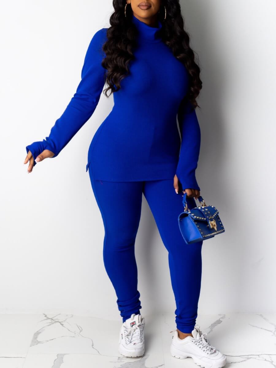 

Lovely Casual Turtleneck Blue Two Piece Pants Set