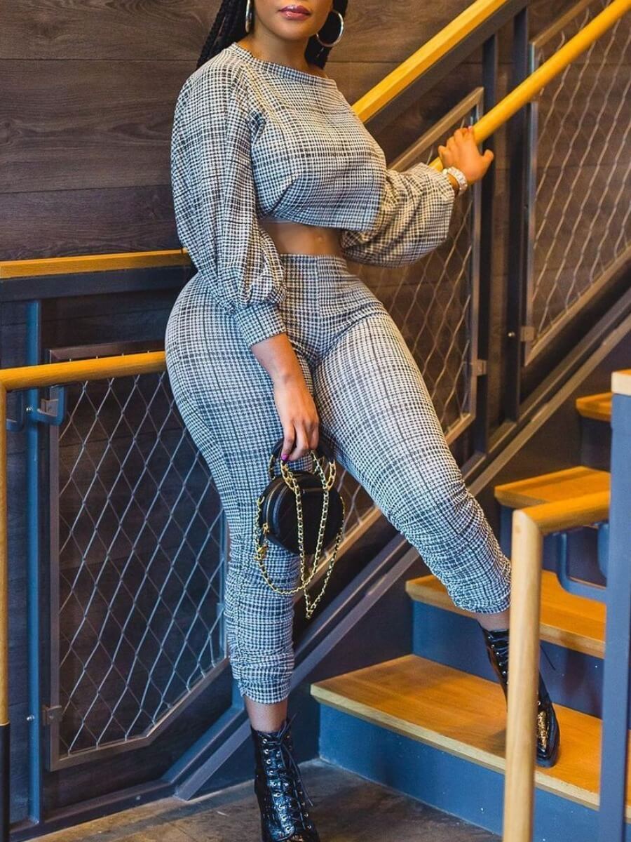 

Lovely Casual Plaid Print Grey Two Piece Pants Set