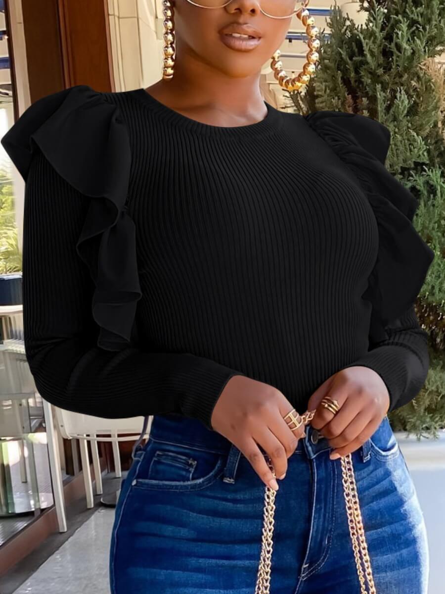 

Lovely Trendy O Neck Flounce Design Black T-shirt