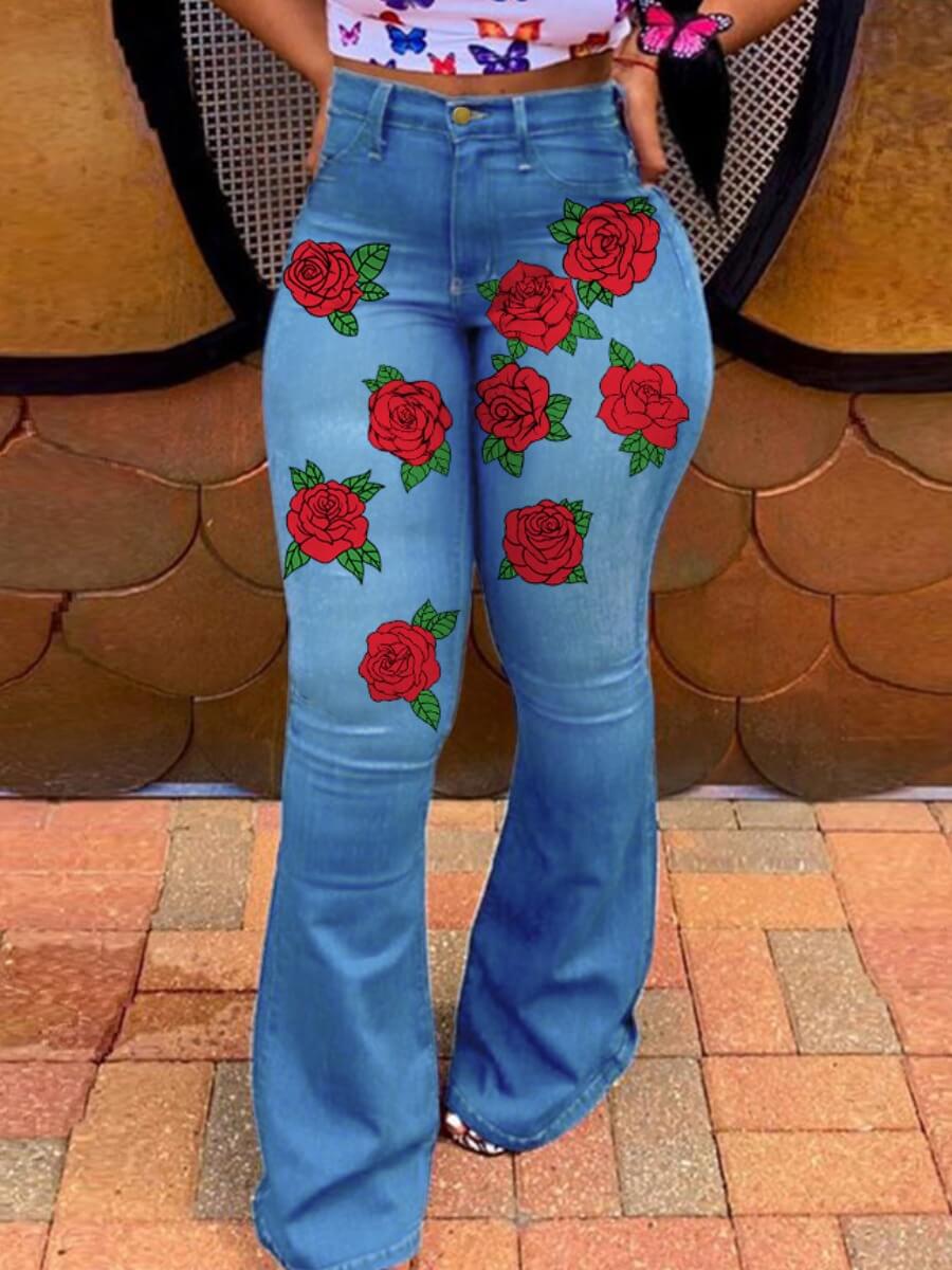 

Lovely Street High-waisted Rose Embroidered Blue Jeans