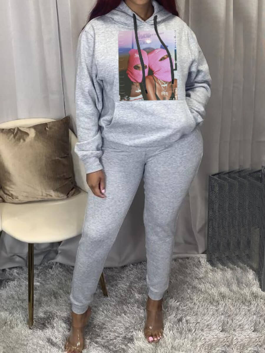 

Lovely Casual Hooded Collar Kangaroo Pocket Grey Two Piece Pants Set